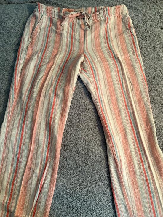 Per Se Pants - Per Se Striped Linen Blend Wide Leg Pants Medium Beachy Coastal Coral Boho